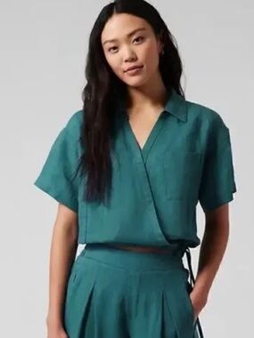 Athleta Teal Wrap Short Sleeve Linen Top
